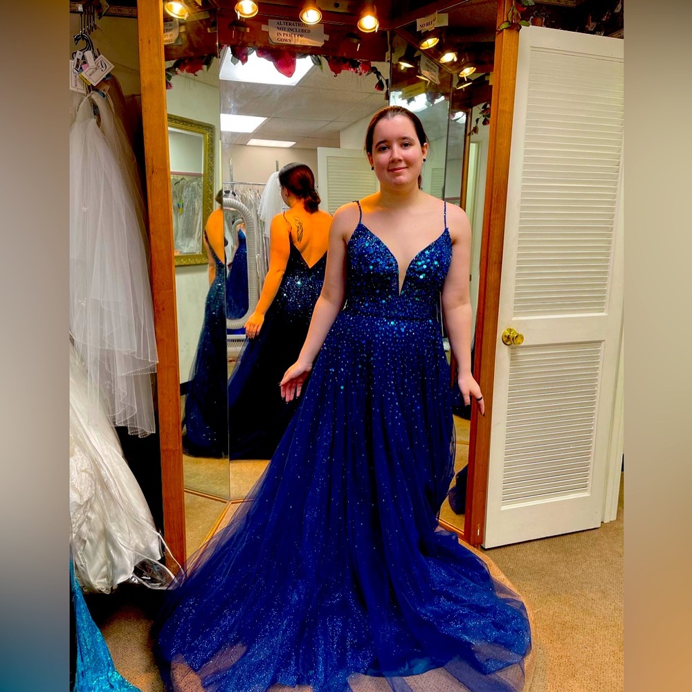 Prom gown sapphire color w/ sequins & beadwork in shades of blue and teal